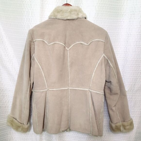 Y2K Guess Suede Leather Soft Faux Fur Lined Coat Light Tan Women's M - Picture 3 of 12